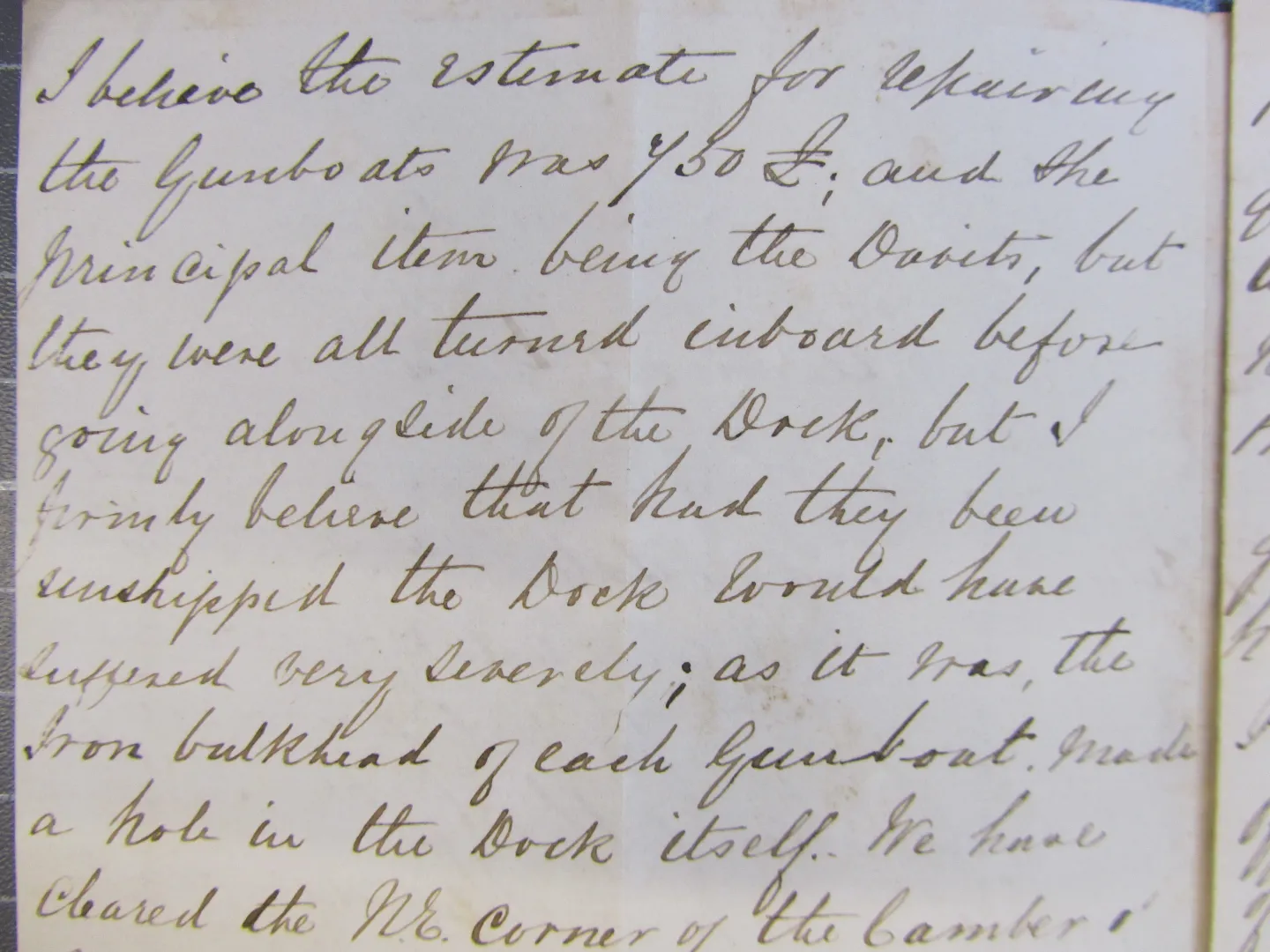 Part of a letter from Ross to Wainwright, discussing damage done to the Vixen when she went alongside the dock